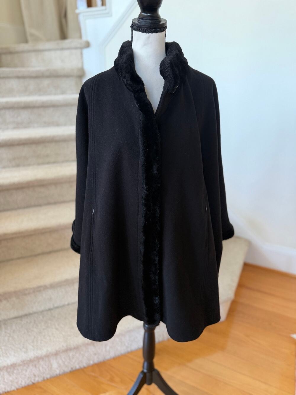 Vintage Talbots Black Wool & Faux Fur Oversize Cape Coat